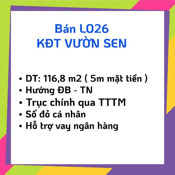 Bán đất nền LO26 Khu đô thị Vườn Sen Đồng Kỵ
